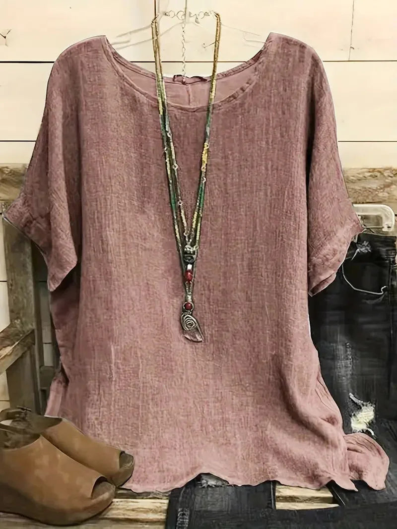 Women Fashion Casual Shirts Solid Color 3 4 Sleeve Round Neck Blouses Summer Loose Tops Streetwear - VAleG