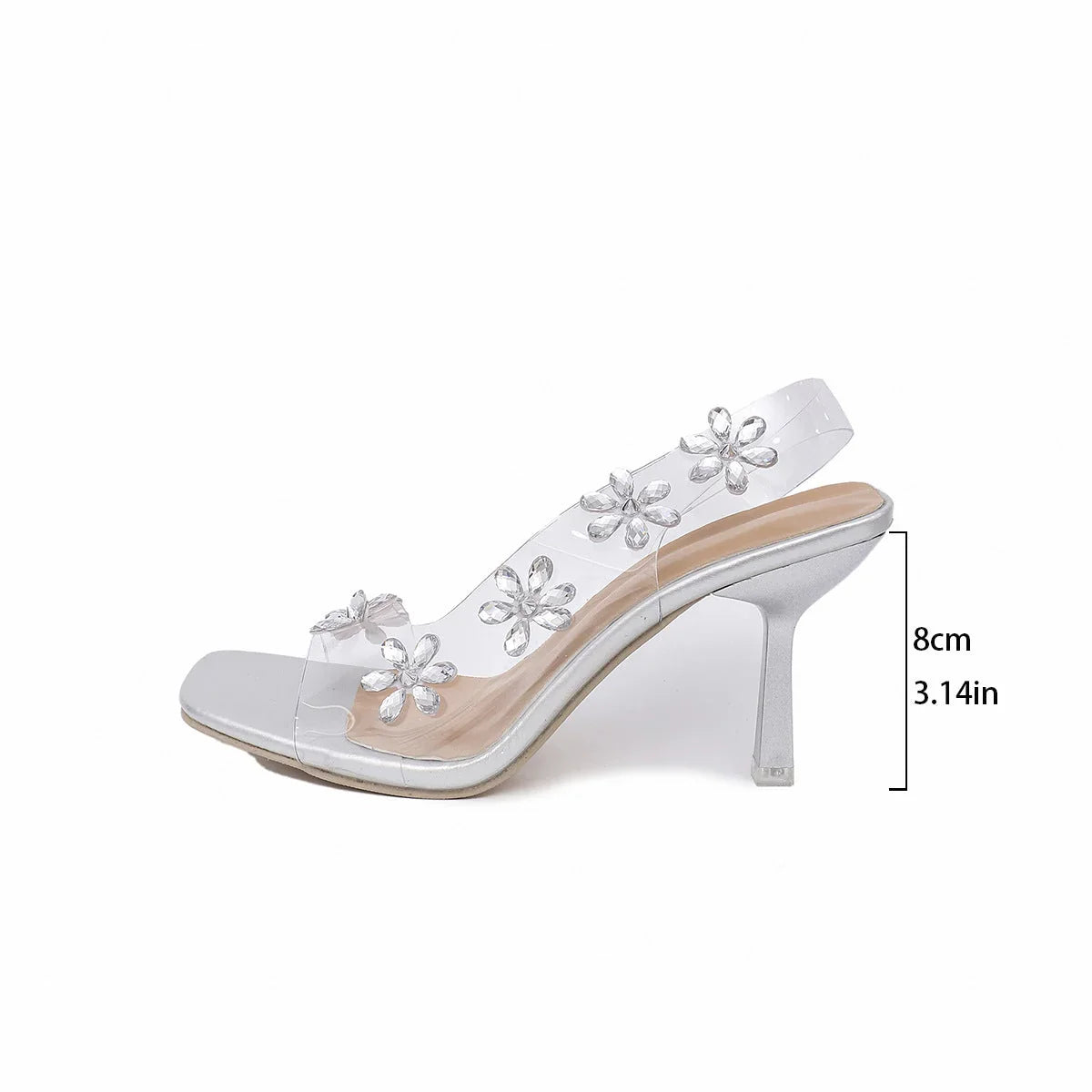 New Sandals For Women Summer Transparent PVC Rhinestone Flowers Slingback Pumps Elegant Square Toe Female Sexy High Heels - VAleG