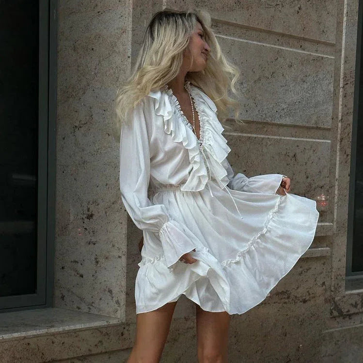 Fashion V Neck Pleated Ruffle Long Sleeve Dress Y2K V Neck Flared Sleeve Short Dress Women's Clothing - VAleG
