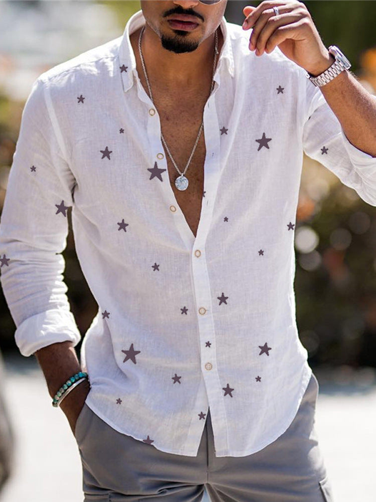 Color Matching Bamboo Linen Printed Men's Shirt VAleG