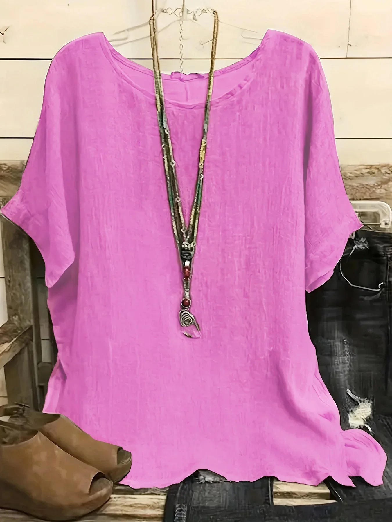 Women Fashion Casual Shirts Solid Color 3 4 Sleeve Round Neck Blouses Summer Loose Tops Streetwear - VAleG