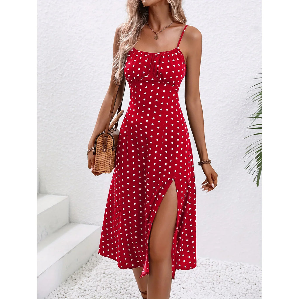 New Polka Dot Print Suspender Dress Summer Sexy Split Long Dresses For Womens Clothing - VAleG