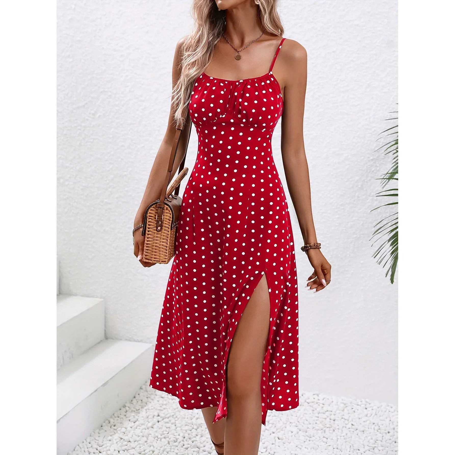 New Polka Dot Print Suspender Dress Summer Sexy Split Long Dresses For Womens Clothing - VAleG