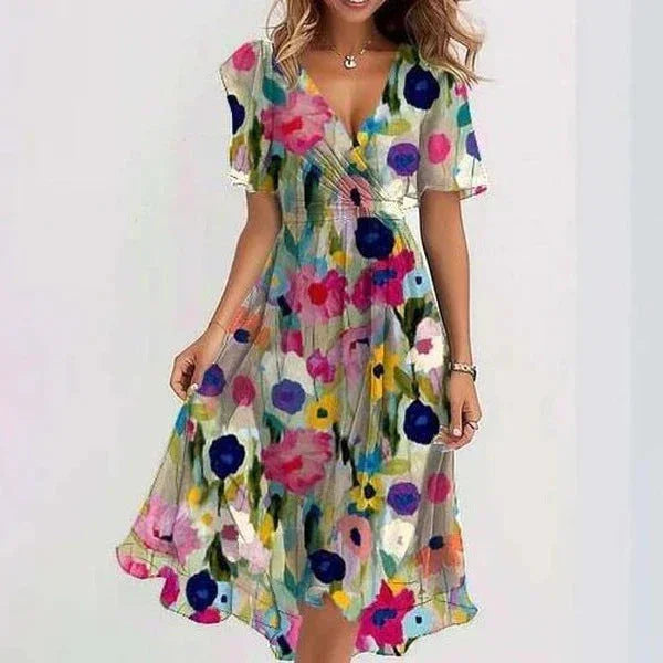 Chiffon Printed Short Sleeve Dress Summer Elegant V-neck Dresses Womens Clothing - VAleG