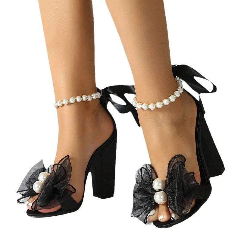 Fashion Ribbon Bow Beaded Female Peep-toe High-heeled Sandals - VAleG