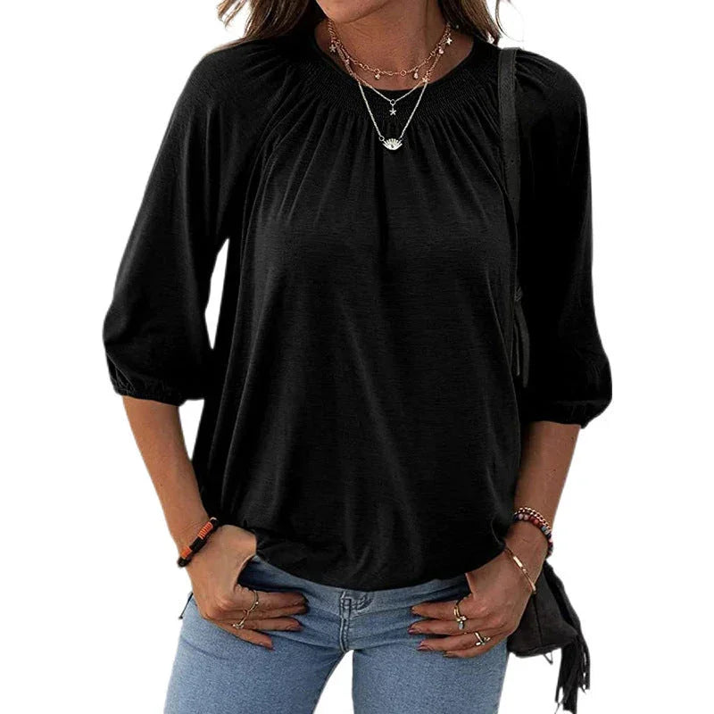 Women's Autumn Hot Selling Temperament Pullover Round Neck Loose Three-quarter-length-sleeved T-shirt - VAleG