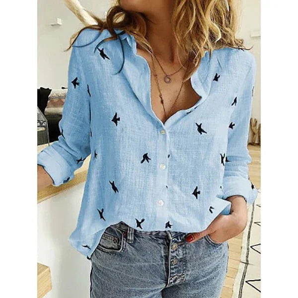 Spring And Autumn Print Casual Loose Long Sleeve Linen Shirt For Women - VAleG