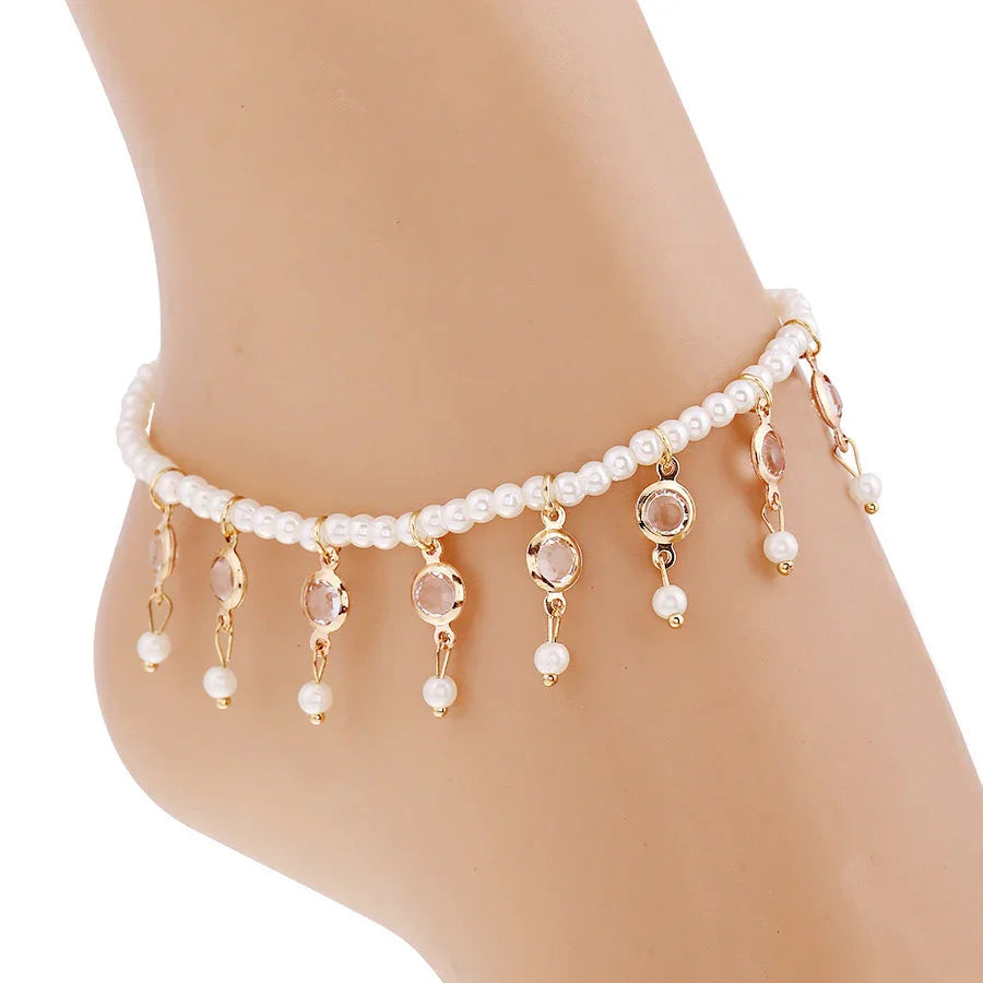 Beach Pearl Crystal Tassel Elastic Anklet - VAleG