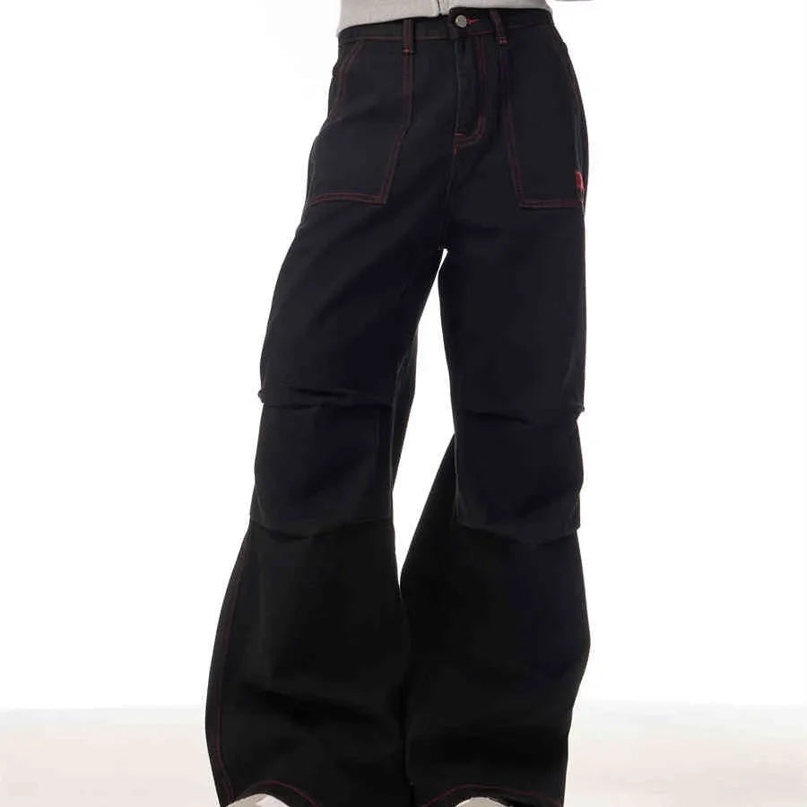 Contrasting Color Of Black And Red Workwear With Pocket Trousers - VAleG