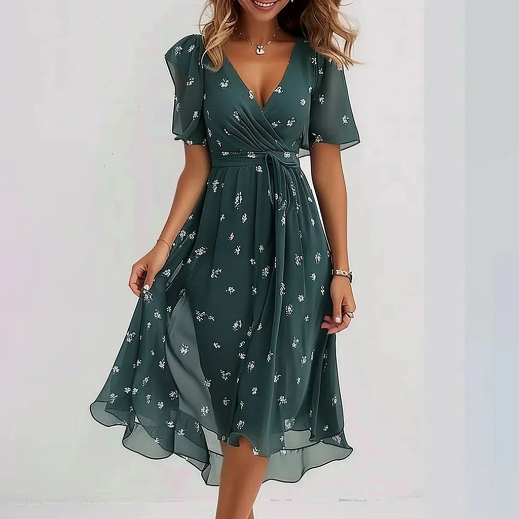 Chiffon Printed Short Sleeve Dress Summer Elegant V-neck Dresses Womens Clothing - VAleG
