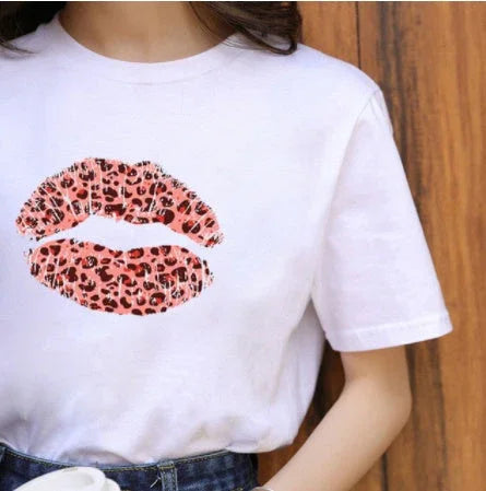 Leopard Print Love Lip Print Fashion Western Style Summer Ladies Print Short-sleeved T-shirt Top - VAleG