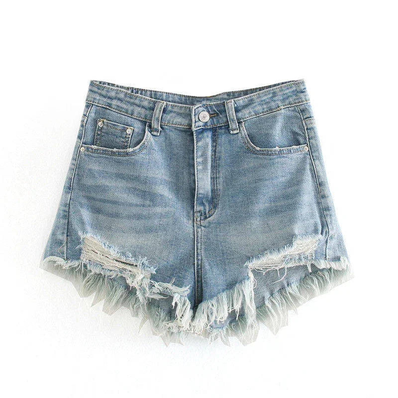 Fashion High Waist Ragged Denim Shorts - VAleG