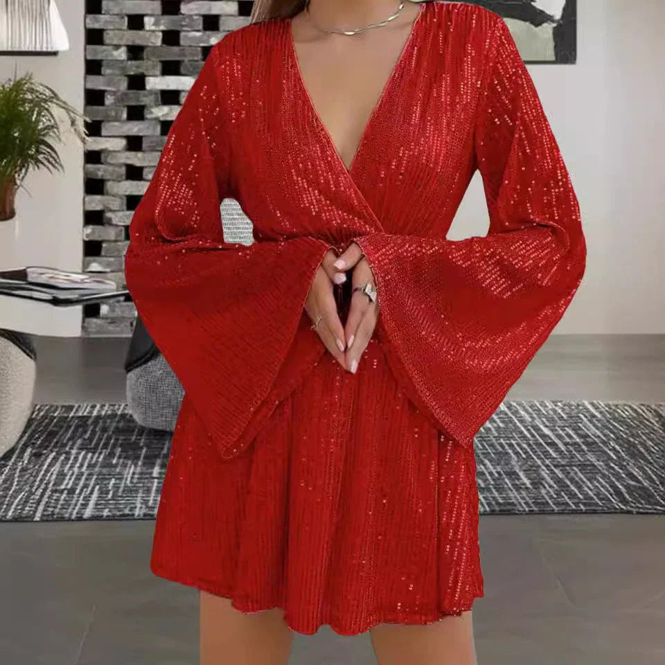 V-neck Sequin Waist Slimming Senior Party Evening Dress - VAleG