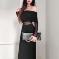 Women's Winter Sexy Off-the-shoulder Pleated Long Sleeve Polyester Dress - VAleG