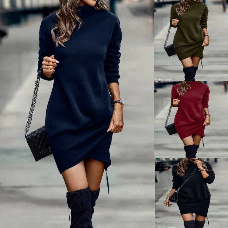 Long Sleeve Dress Solid Color High Neck Cross Short Dress Womens Clothing - VAleG