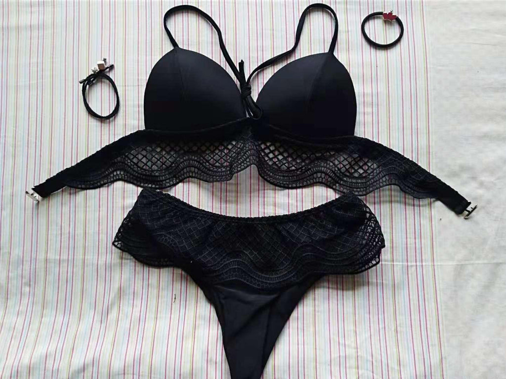 Sexy Solid Color Swimsuit Small Chest Gathered Backless Split Swimsuit - VAleG