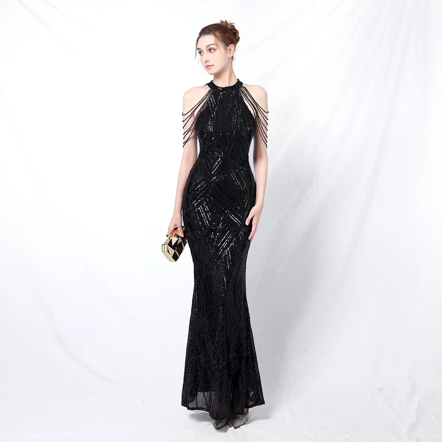 Backless Evening Dress Women Party Dress Long Wear Sequin Fabric Cheap - VAleG