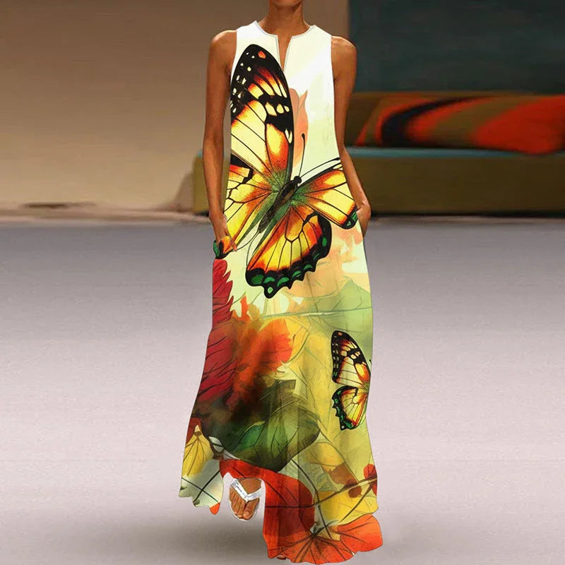 Printed V-neck Pocket Long Dress Swing - VAleG