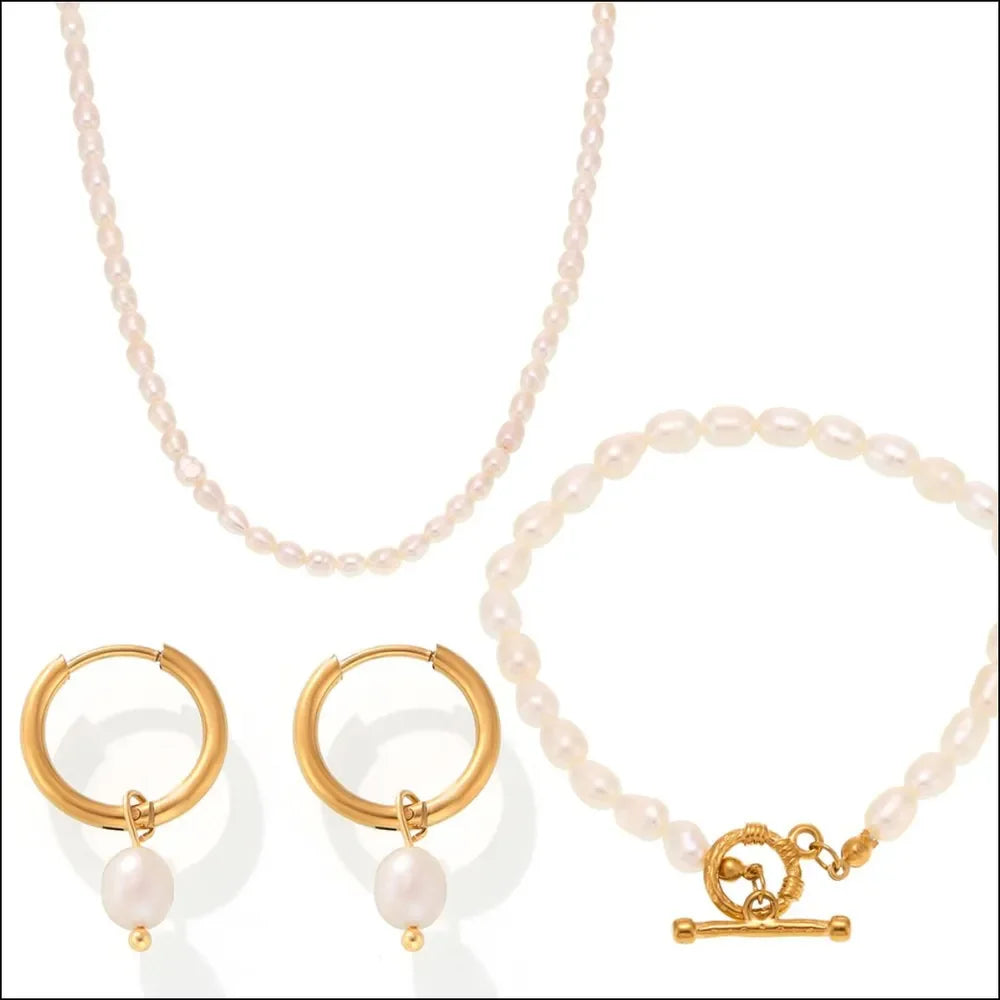 Pearl Necklace, Bracelet and Earrings 4-Piece Jewelry Set - VAleG