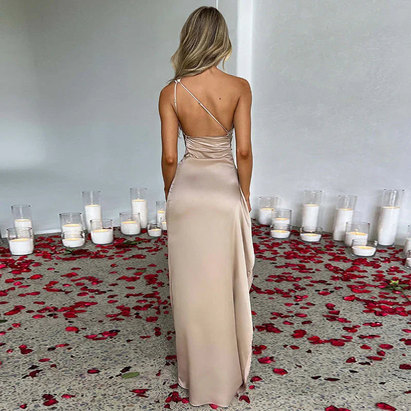 Sexy One-shoulder Backless Slit Dress Summer Elegant Slim-fit Solid Color Satin Dresses For Women - VAleG