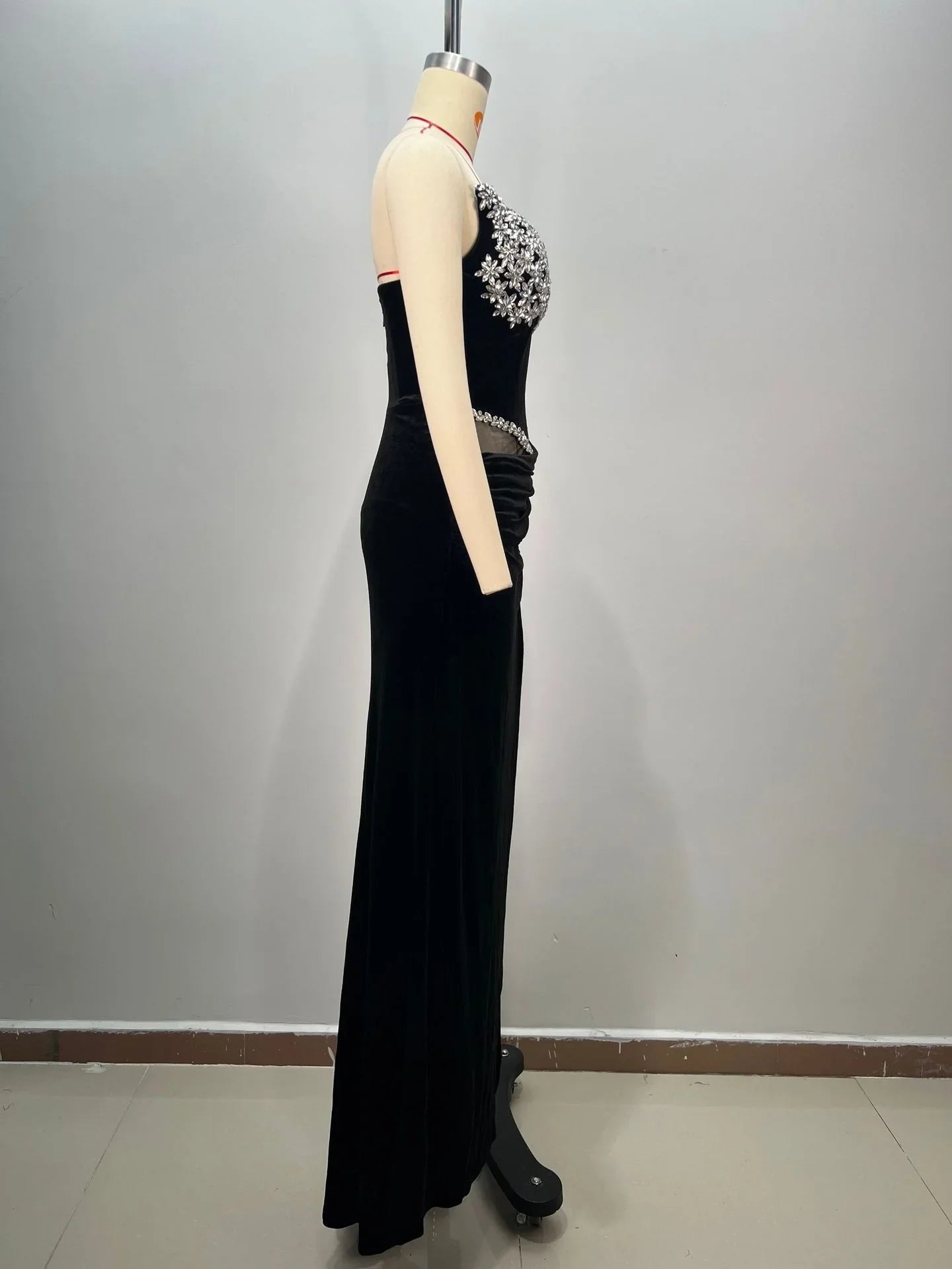 Women's Black Bandeau Slim-fit Hot Drilling Long Dress - VAleG