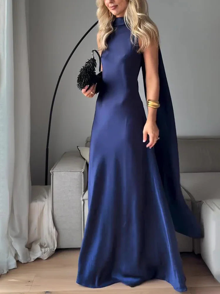 Royal Blue Satin Sleeveless Maxi Dress - VAleG
