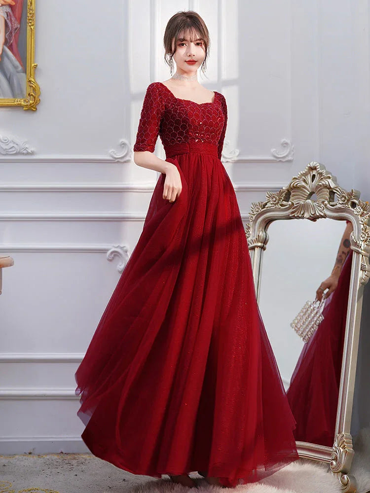 Wine Red Engagement Back Door Evening Dress Female Long Sleeve - VAleG