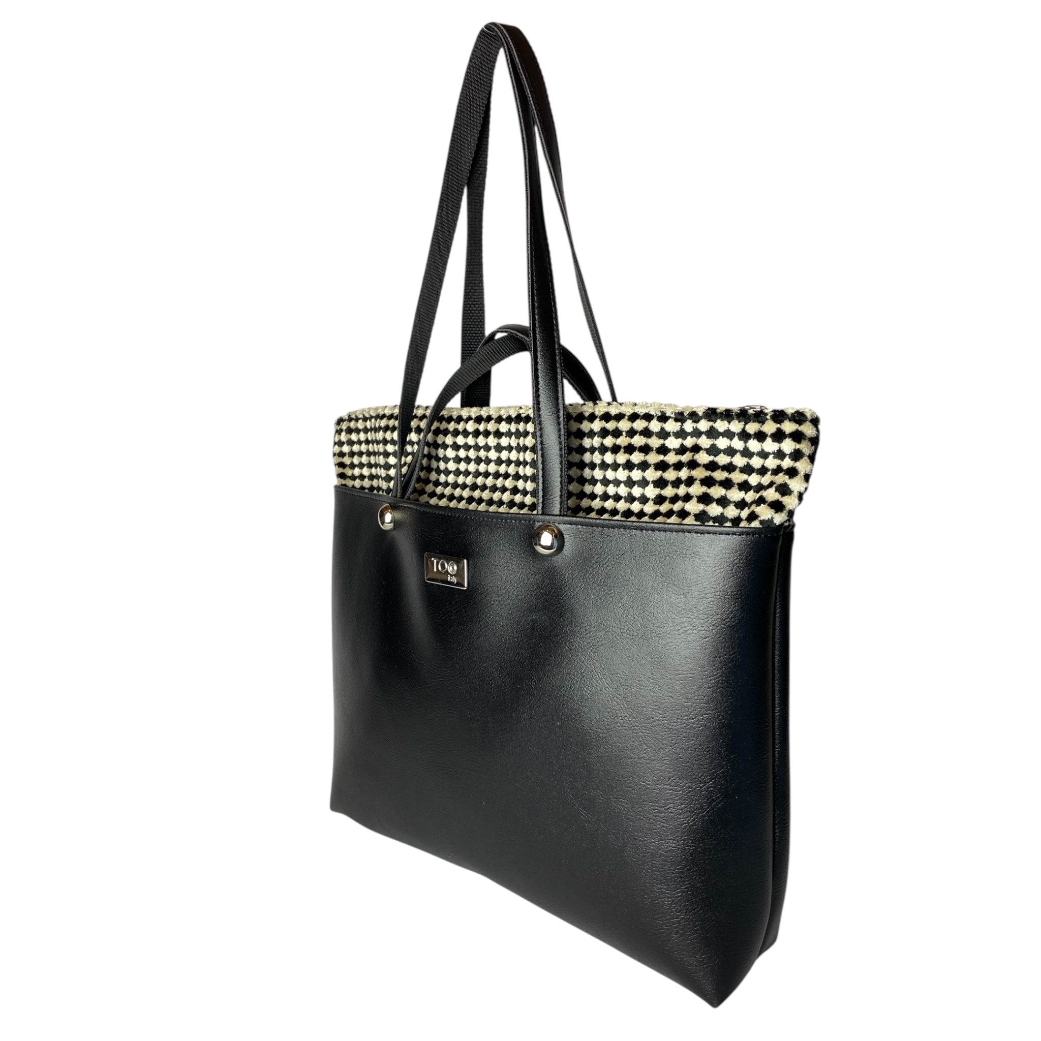Shopper Black & Pied de Poule TOOitaly - Borsa Donna Pelle Italiana a Mano e Spalla