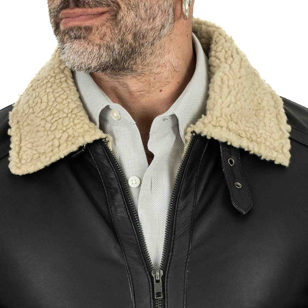 Giacca Biker In Vera Pelle Nera Uomo Slim In Stile Montone Collo Con Fibbia Rindway