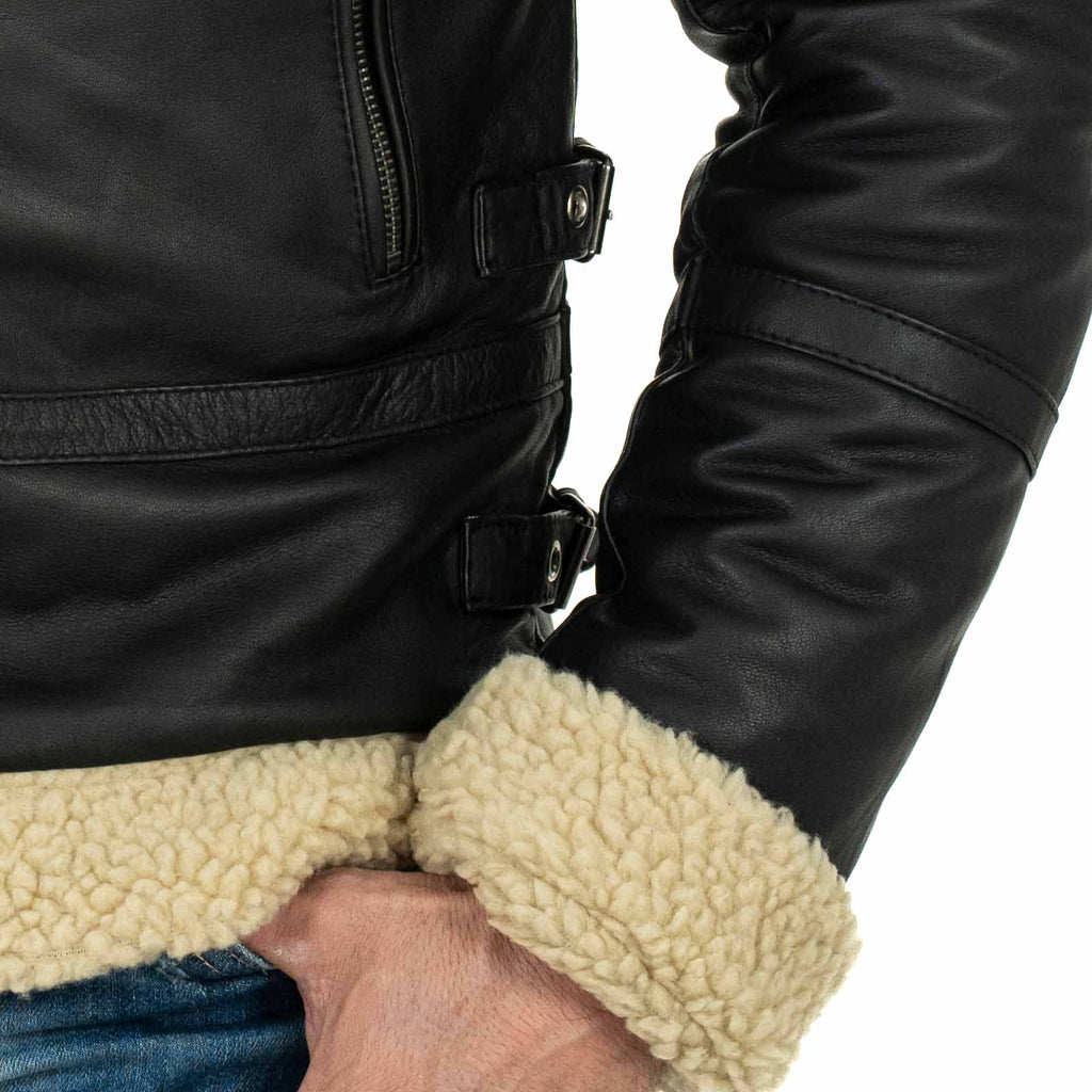 Giacca Biker In Vera Pelle Nero Interno Nero Uomo Slim In Stile Montone Collo Con Fibbia Rindway