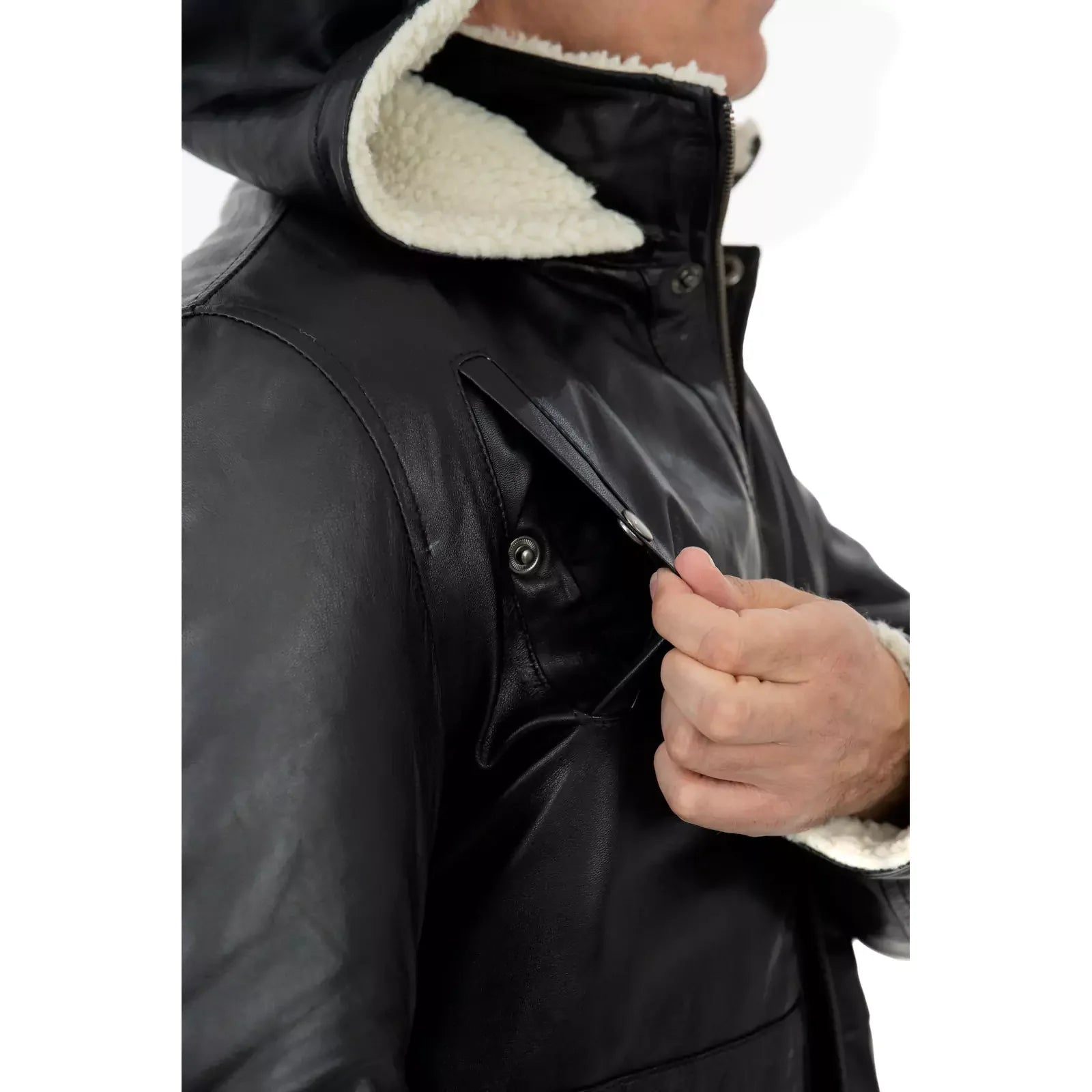 Cappotto Giacca Vera Pelle Nera Uomo Montone - Cappuccio Removibile