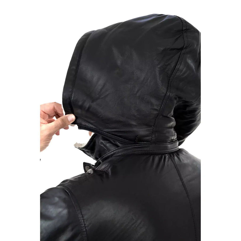 Cappotto Giacca Vera Pelle Nera Uomo Montone - Cappuccio Removibile