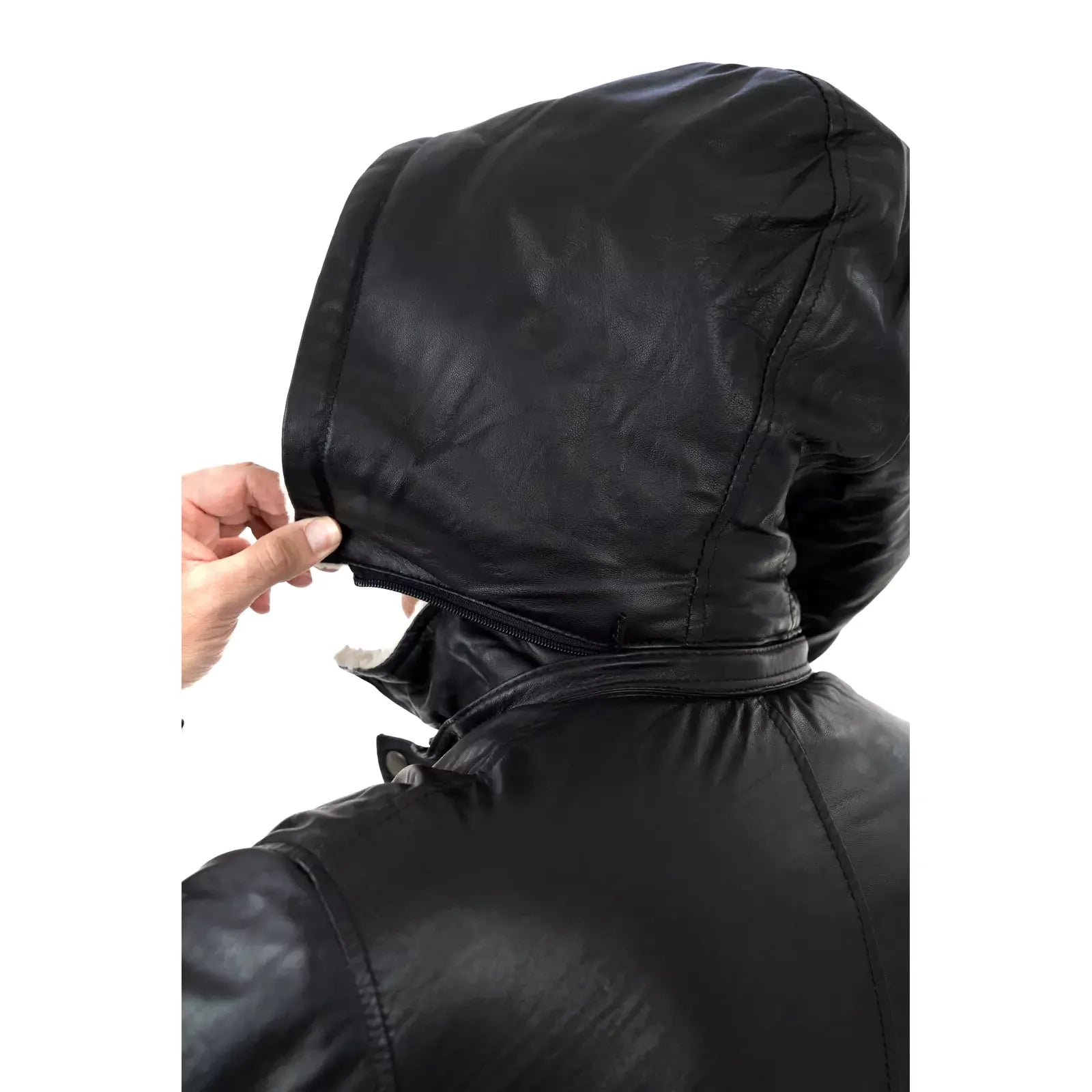 Cappotto Giacca Vera Pelle Nera Uomo Montone - Cappuccio Removibile