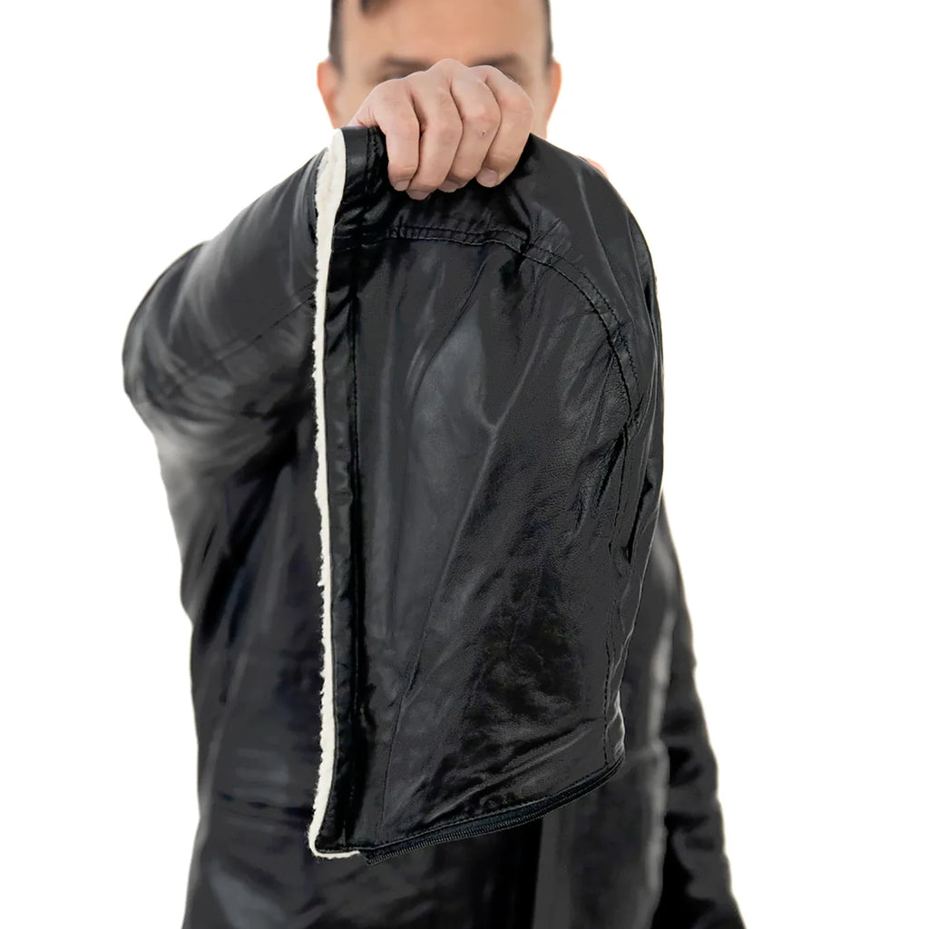 Cappotto Giacca Vera Pelle Nera Uomo Montone - Cappuccio Removibile