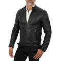 Giacca Biker In Vera Pelle Nera Uomo Slim Collo Coreana Rindway