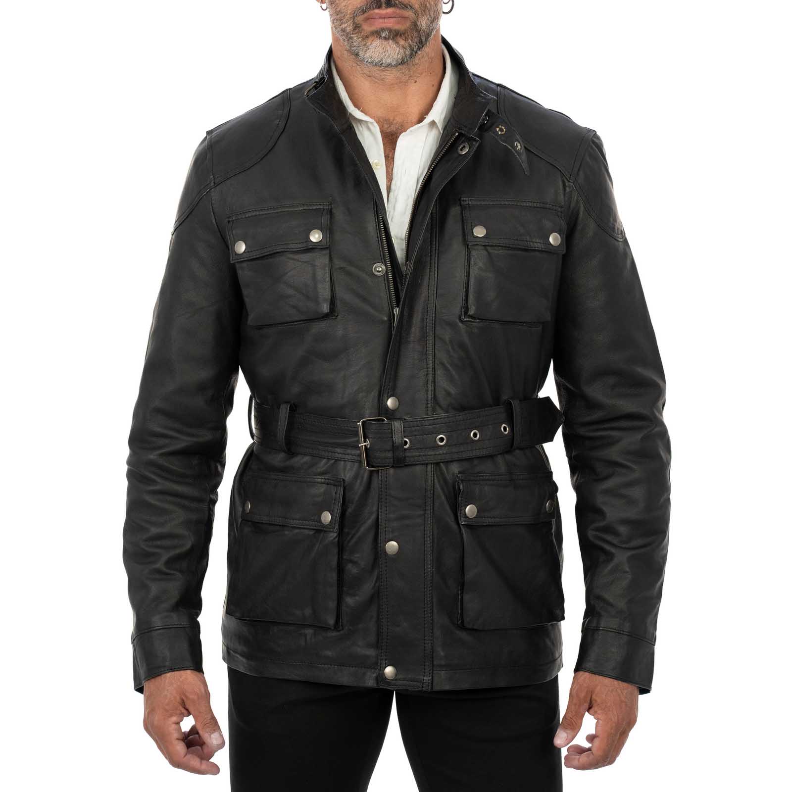 Giaccone Giacca Lungo In Vera Pelle Nera Uomo Slim Con Tasconi e Cintura Vita Rindway