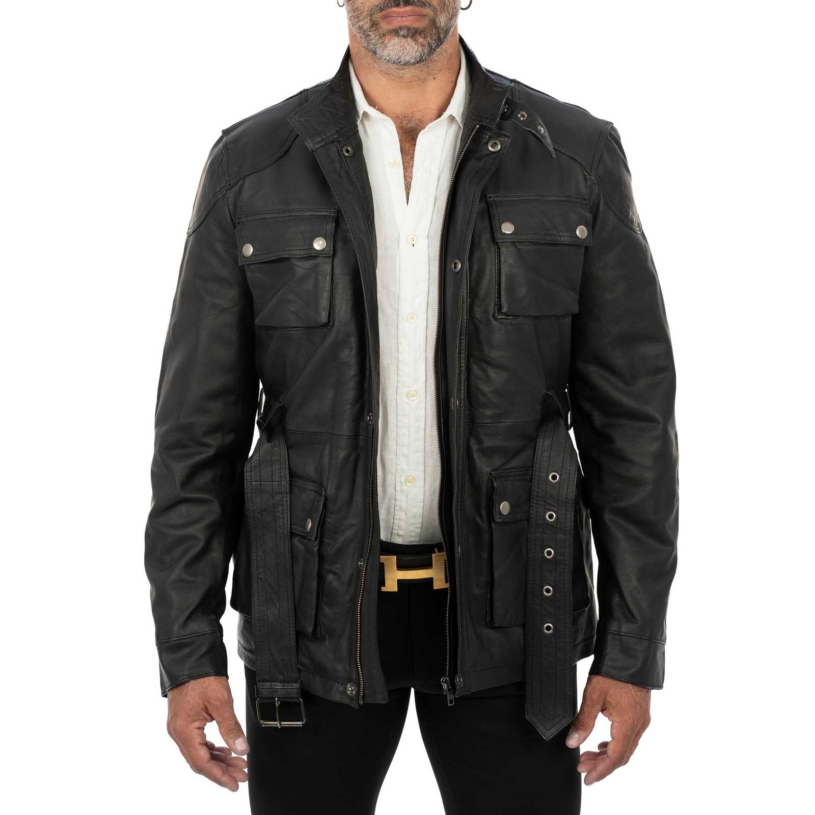 Giaccone Giacca Lungo In Vera Pelle Nera Uomo Slim Con Tasconi e Cintura Vita Rindway