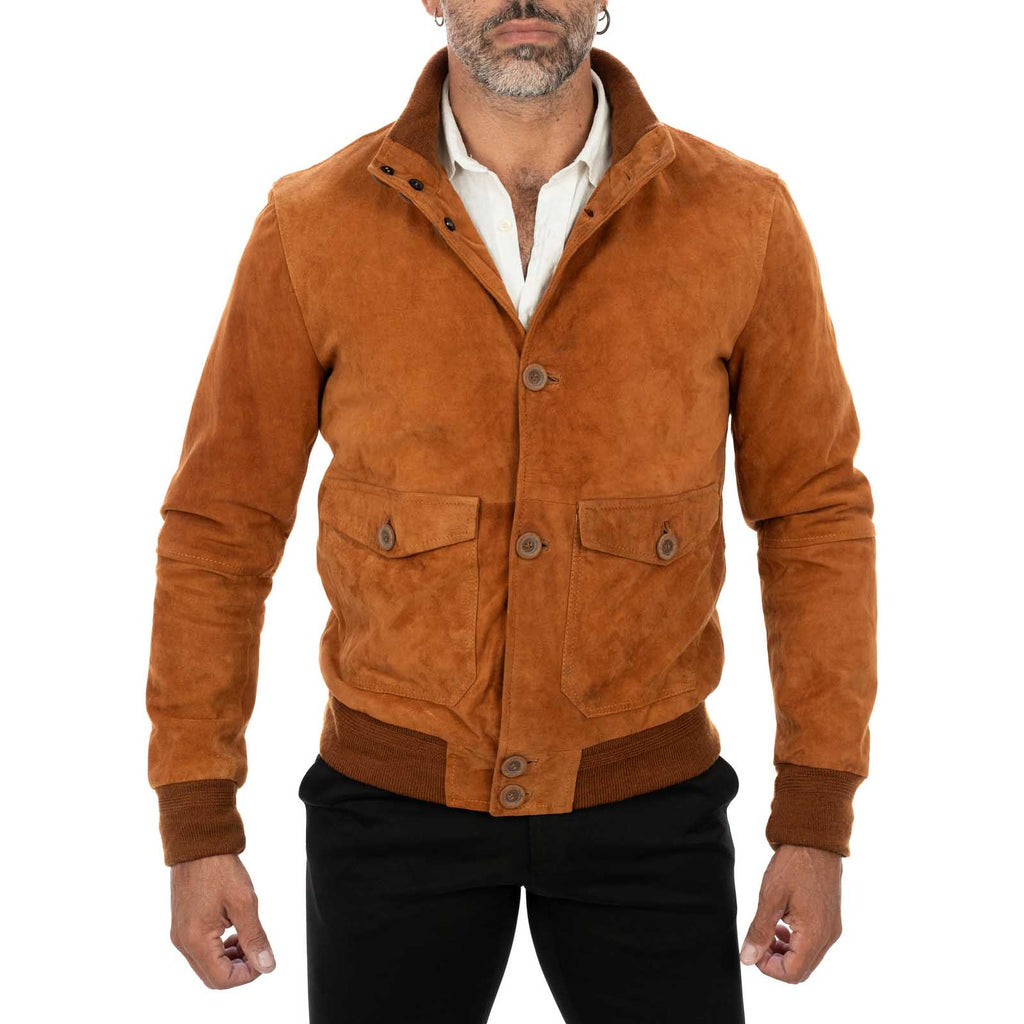 Giacca Bomber In Vera Pelle Camoscio Bruciato Uomo Slim Con Bottoni E Tasconi Rindway