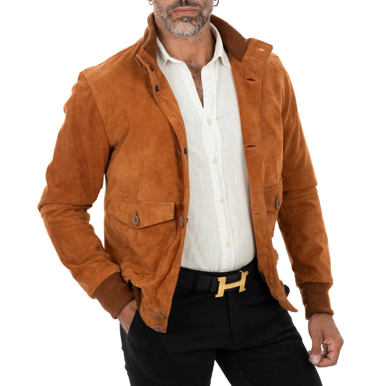 Giacca Bomber In Vera Pelle Camoscio Bruciato Uomo Slim Con Bottoni E Tasconi Rindway