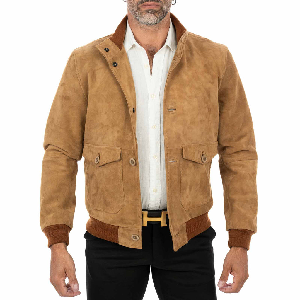 Giacca Bomber In Vera Pelle Camoscio Tortora Uomo Slim Con Bottoni E Tasconi Rindway