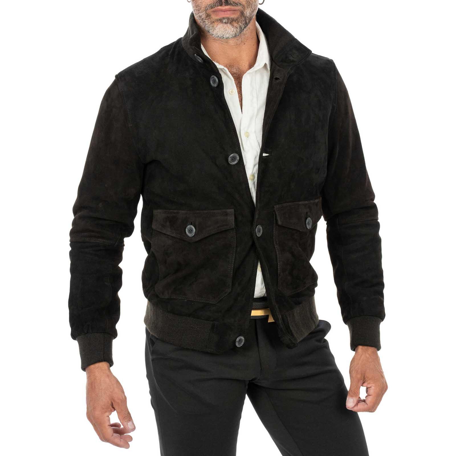 Giacca Bomber In Vera Pelle Camoscio Marrone Uomo Slim Con Bottoni E Tasconi Rindway