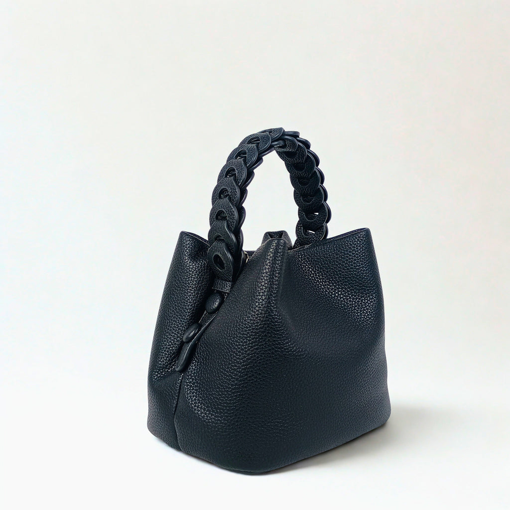 Borsa a Secchiello in Pelle Gialla con Manico Intrecciato - Stile Donna