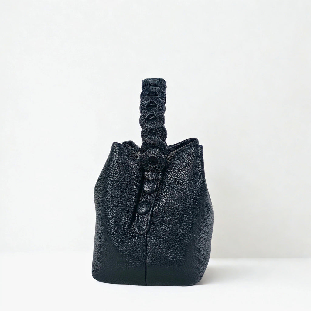 Borsa a Secchiello in Pelle Gialla con Manico Intrecciato - Stile Donna