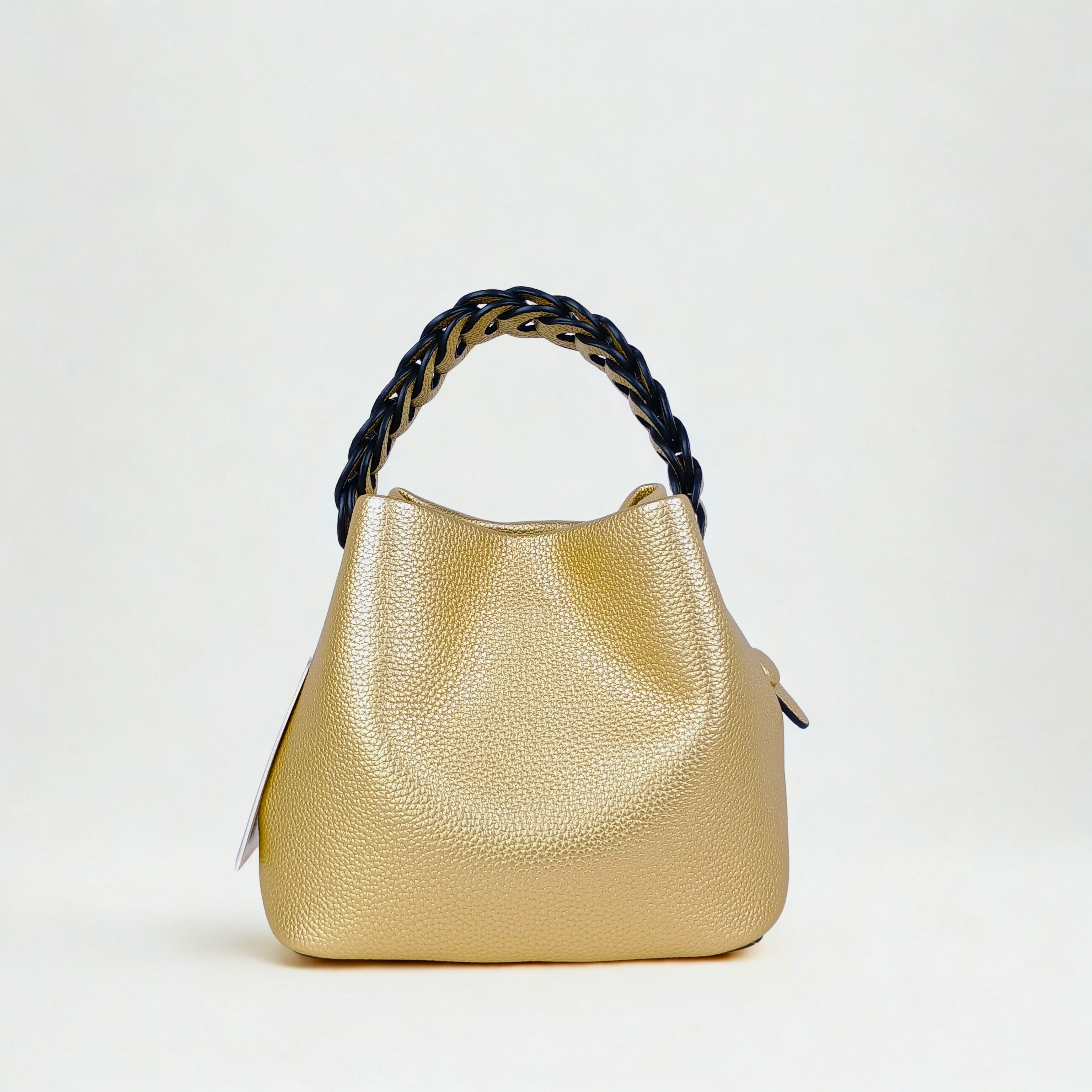 Borsa a Secchiello in Pelle Gialla con Manico Intrecciato - Stile Donna