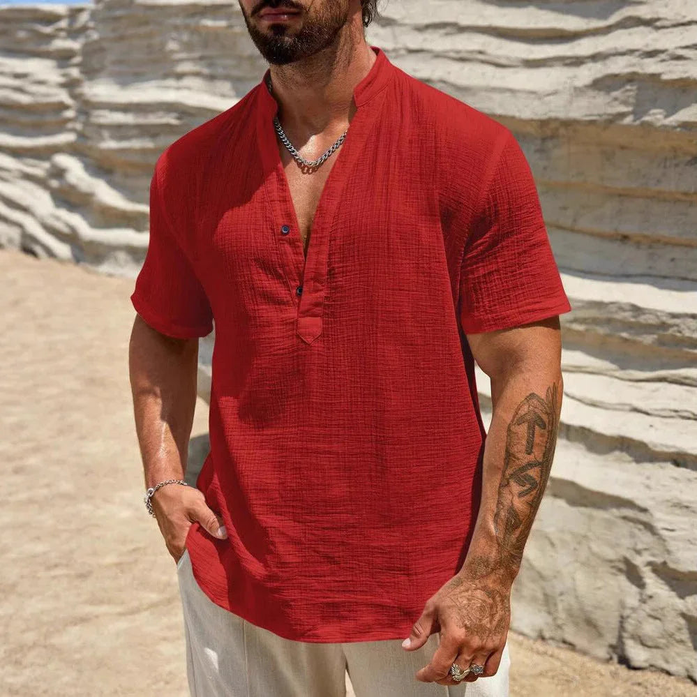 Men's Single-layer Solid Color Breathable Stand Collar Short-sleeved Shirt - VAleG