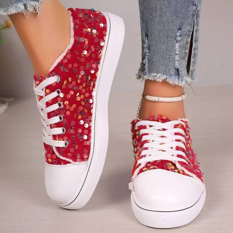 Fashion Round Toe Flat Bottom Lace-up Sequins Casual Pumps - VAleG