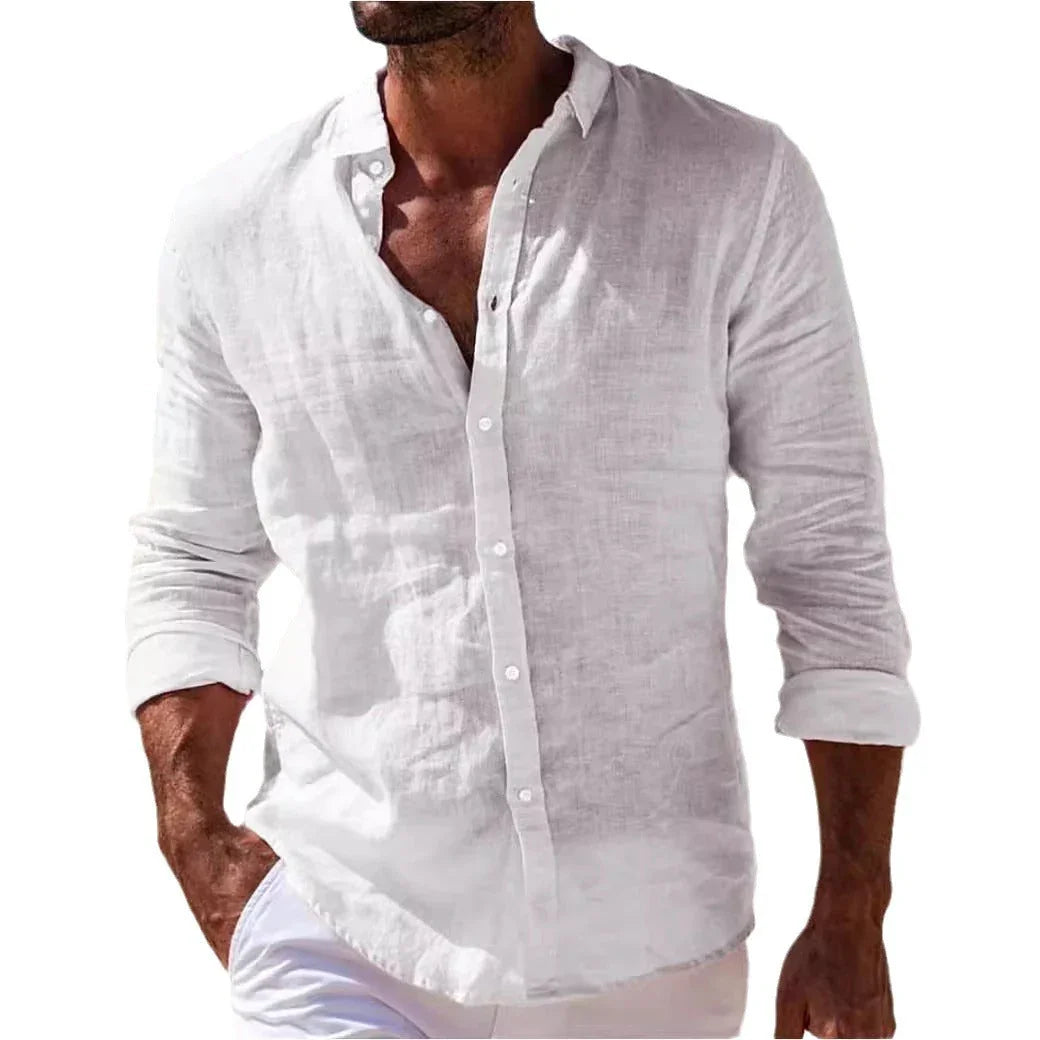 Men's Casual Cotton And Linen Solid Color Shirt - VAleG