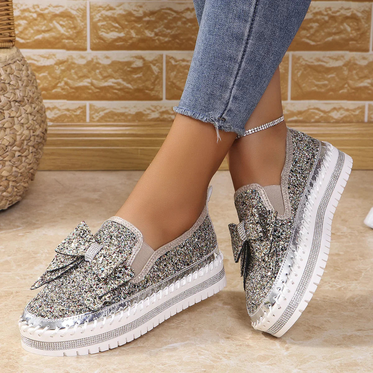 Plus Size Rhinestone Platform Loafers Women - VAleG