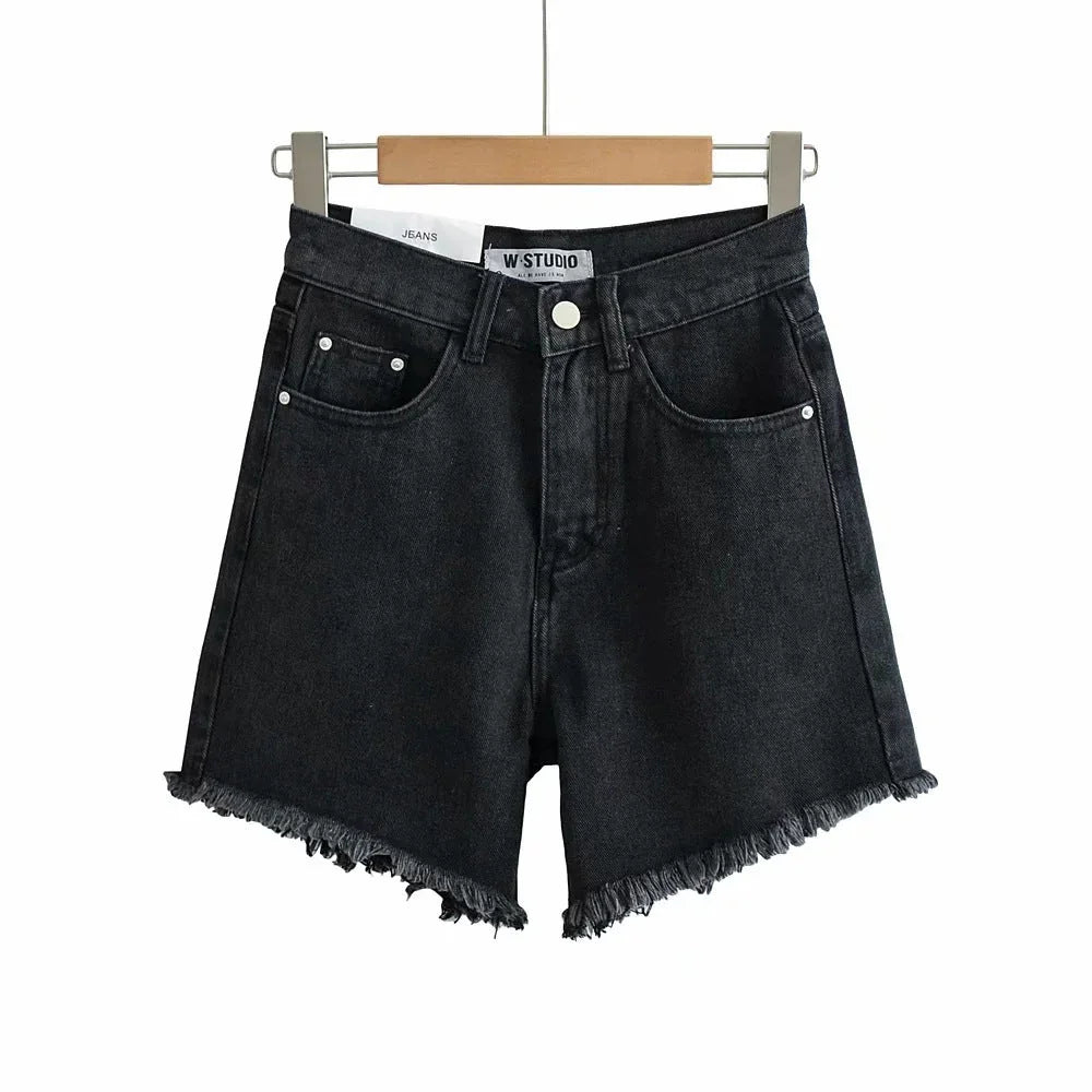 High Waist Slimming Frayed Hand Frayed Denim Shorts - VAleG