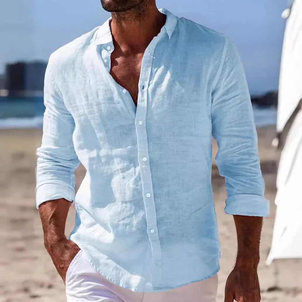 Men's Casual Cotton And Linen Solid Color Shirt - VAleG